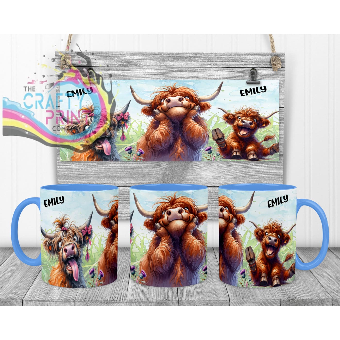 Highland Cow V2 Funny Faces Mug - Blue Handle & Inner - Mugs