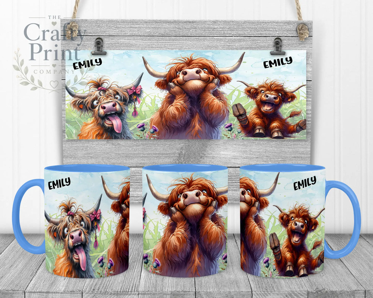 Highland Cow V2 Funny Faces Mug - Blue Handle & Inner - Mugs