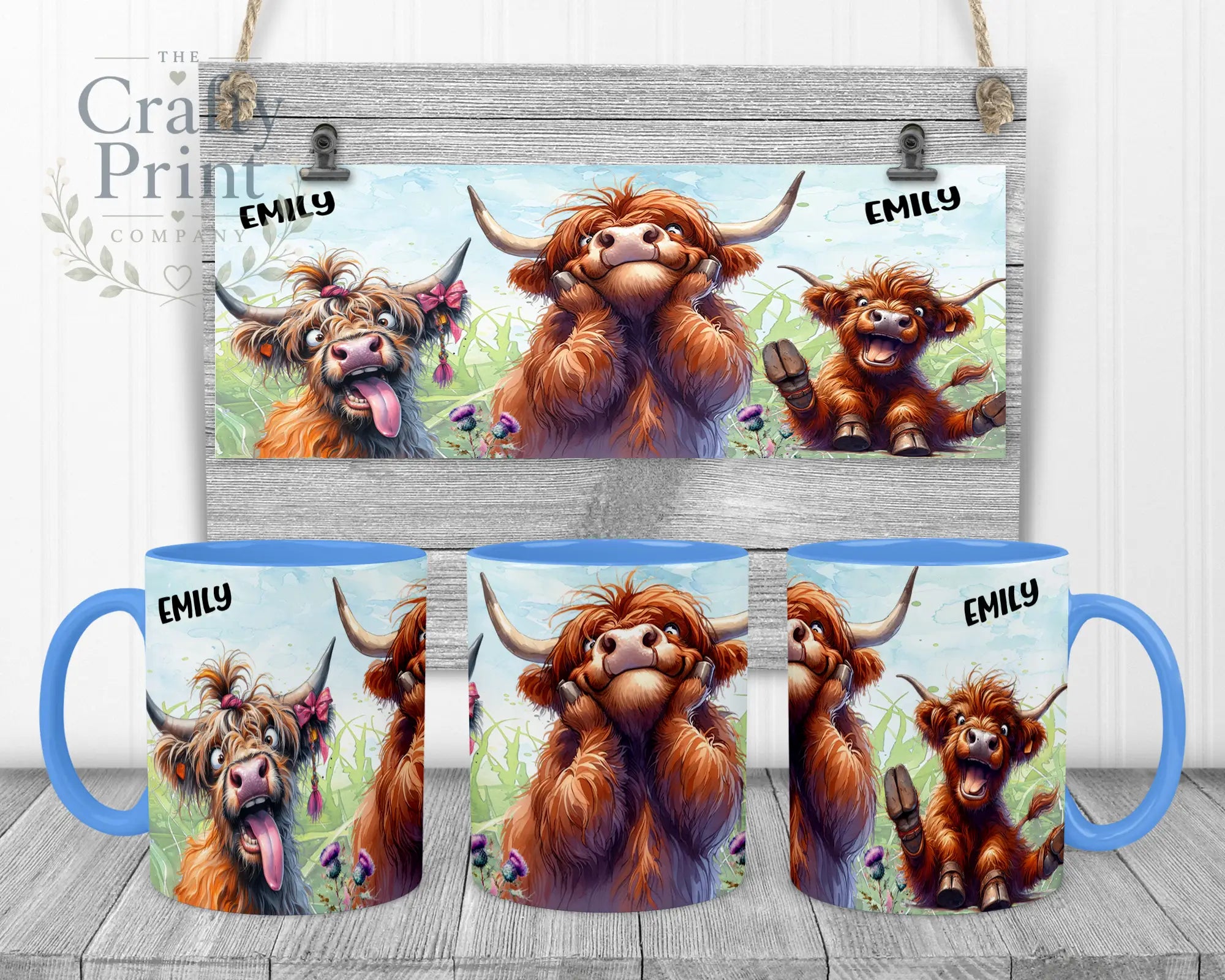 Highland Cow V2 Funny Faces Mug - Blue Handle & Inner - Mugs