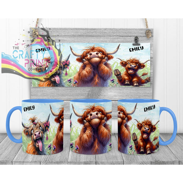 Highland Cow V2 Funny Faces Mug - Blue Handle & Inner - Mugs