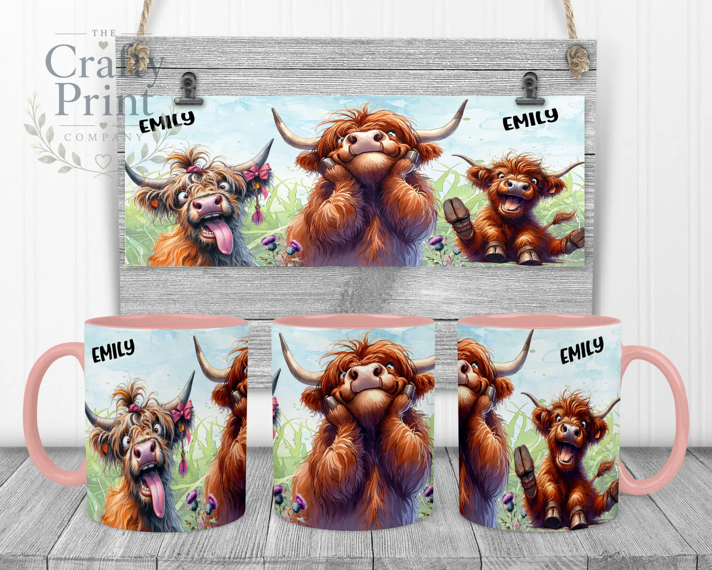 Highland Cow V2 Funny Faces Mug - Pink Handle & Inner - Mugs