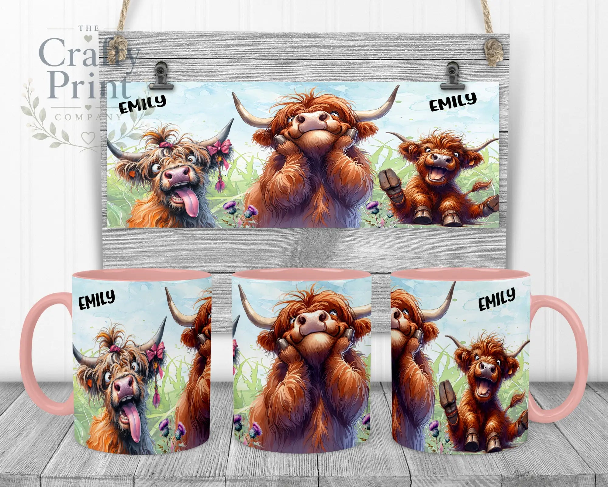 Highland Cow V2 Funny Faces Mug - Pink Handle & Inner - Mugs