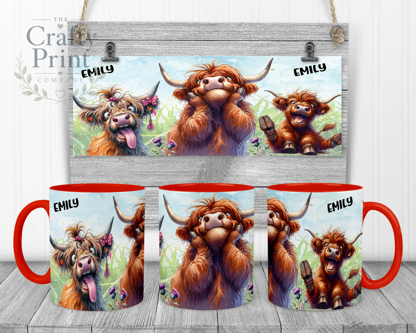 Highland Cow V2 Funny Faces Mug - Red Handle & Inner - Mugs