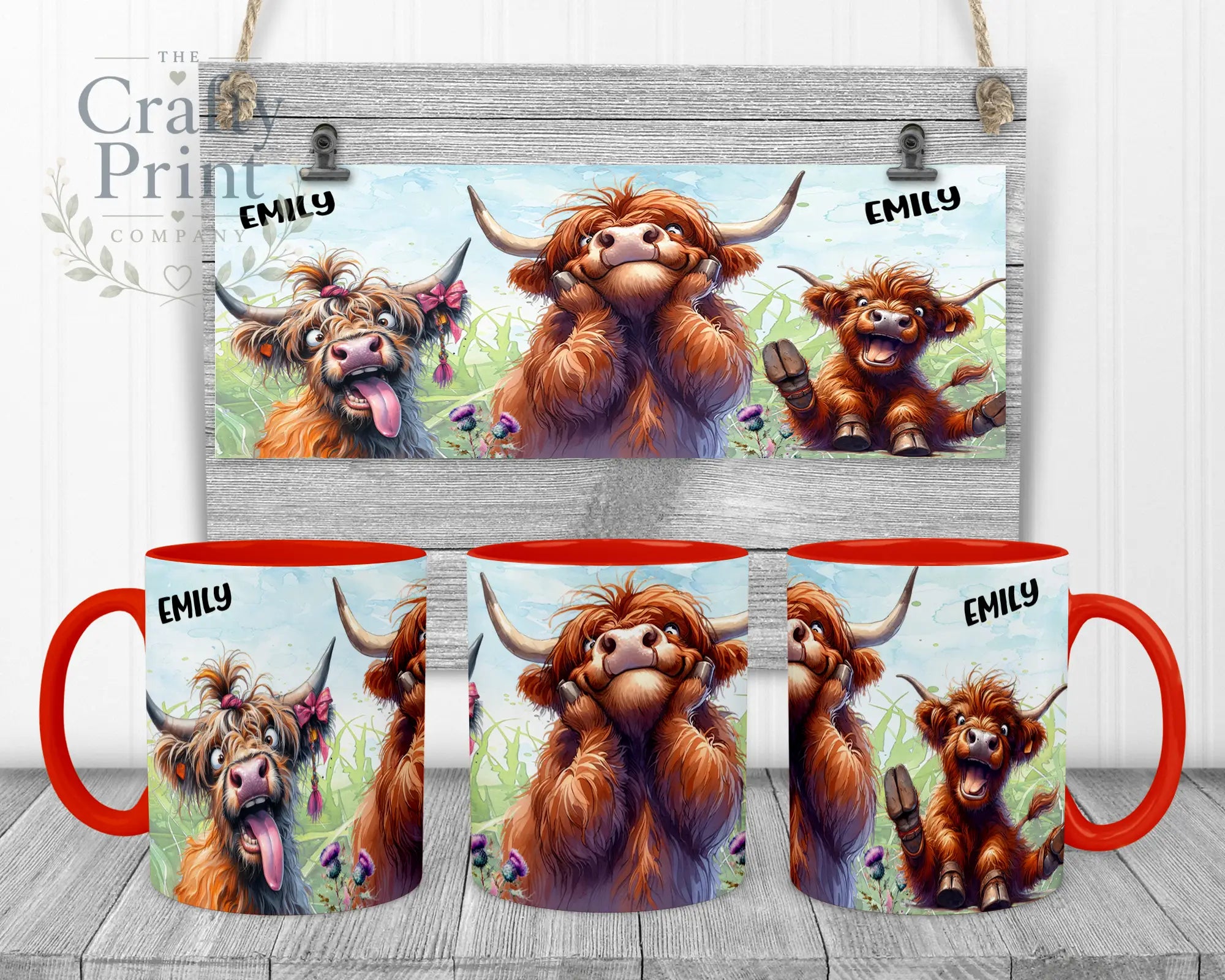 Highland Cow V2 Funny Faces Mug - Red Handle & Inner - Mugs