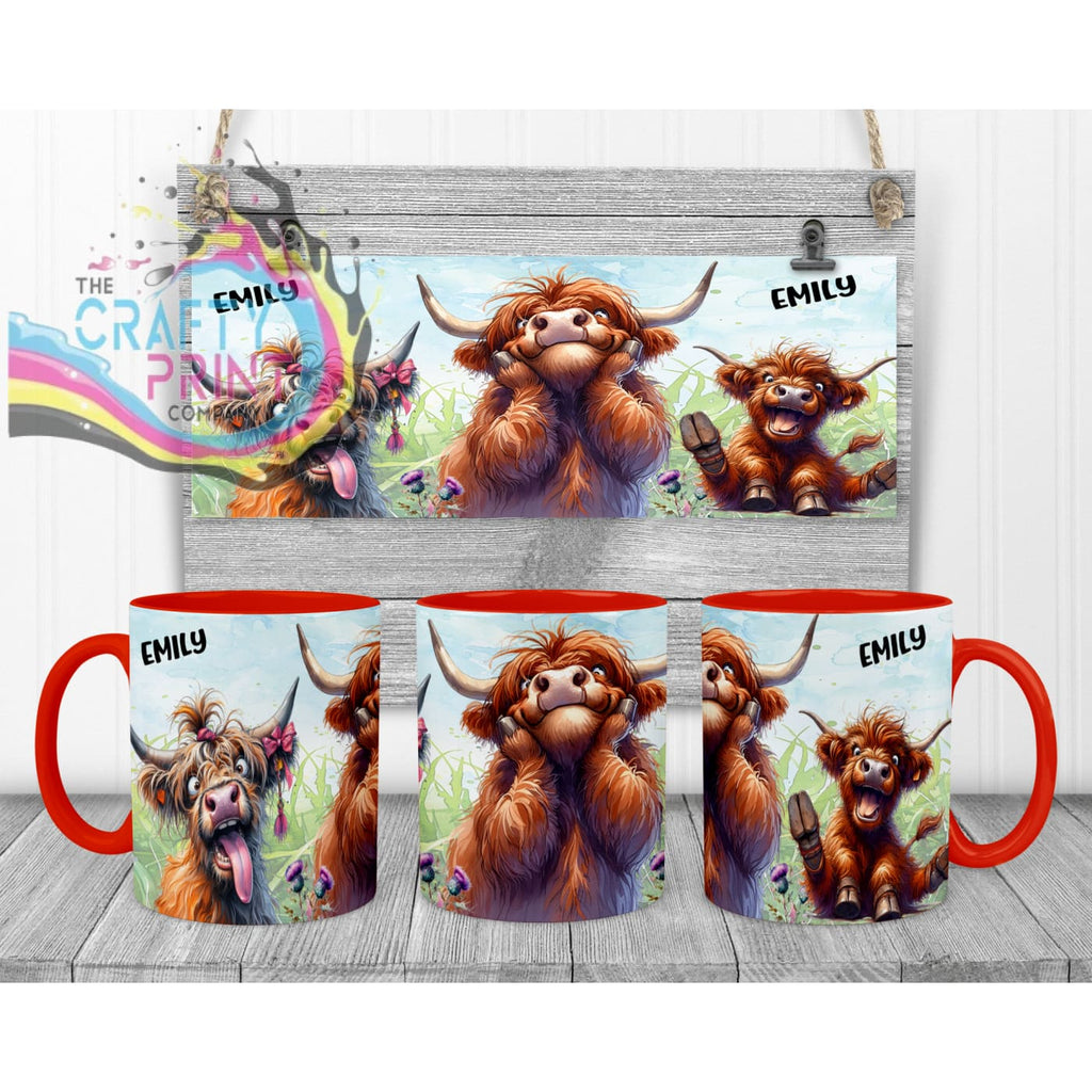 Highland Cow V2 Funny Faces Mug - Red Handle & Inner Mugs