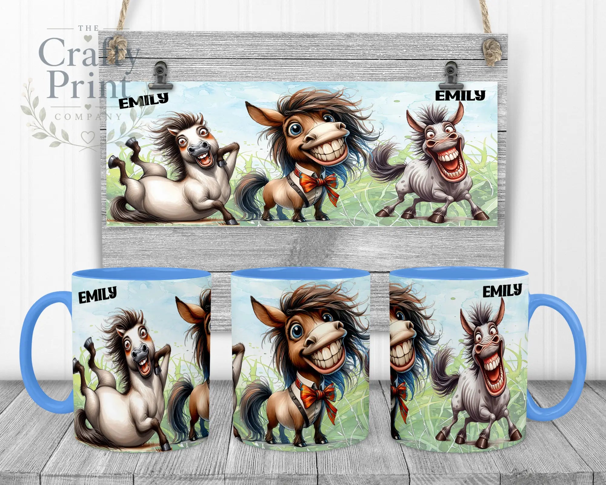 Horse Funny Faces Mug - Blue Handle & Inner - Mugs