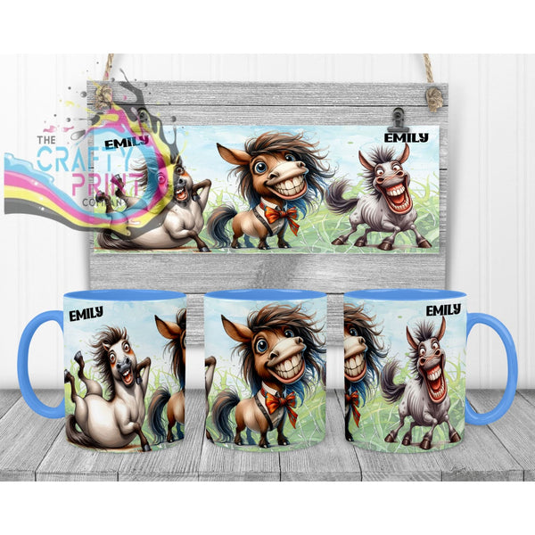 Horse Funny Faces Mug - Blue Handle & Inner - Mugs