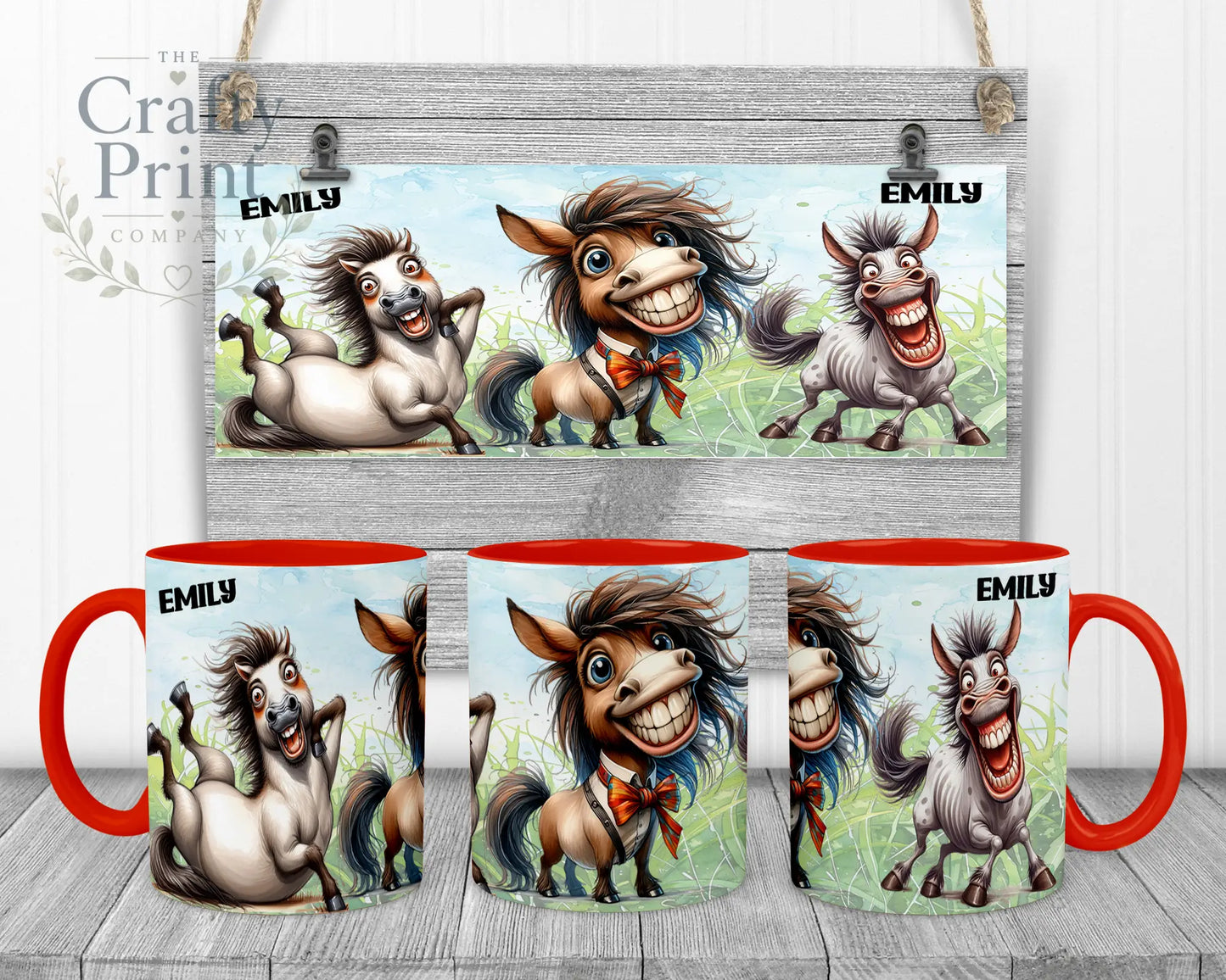 Horse Funny Faces Mug - Red Handle & Inner - Mugs