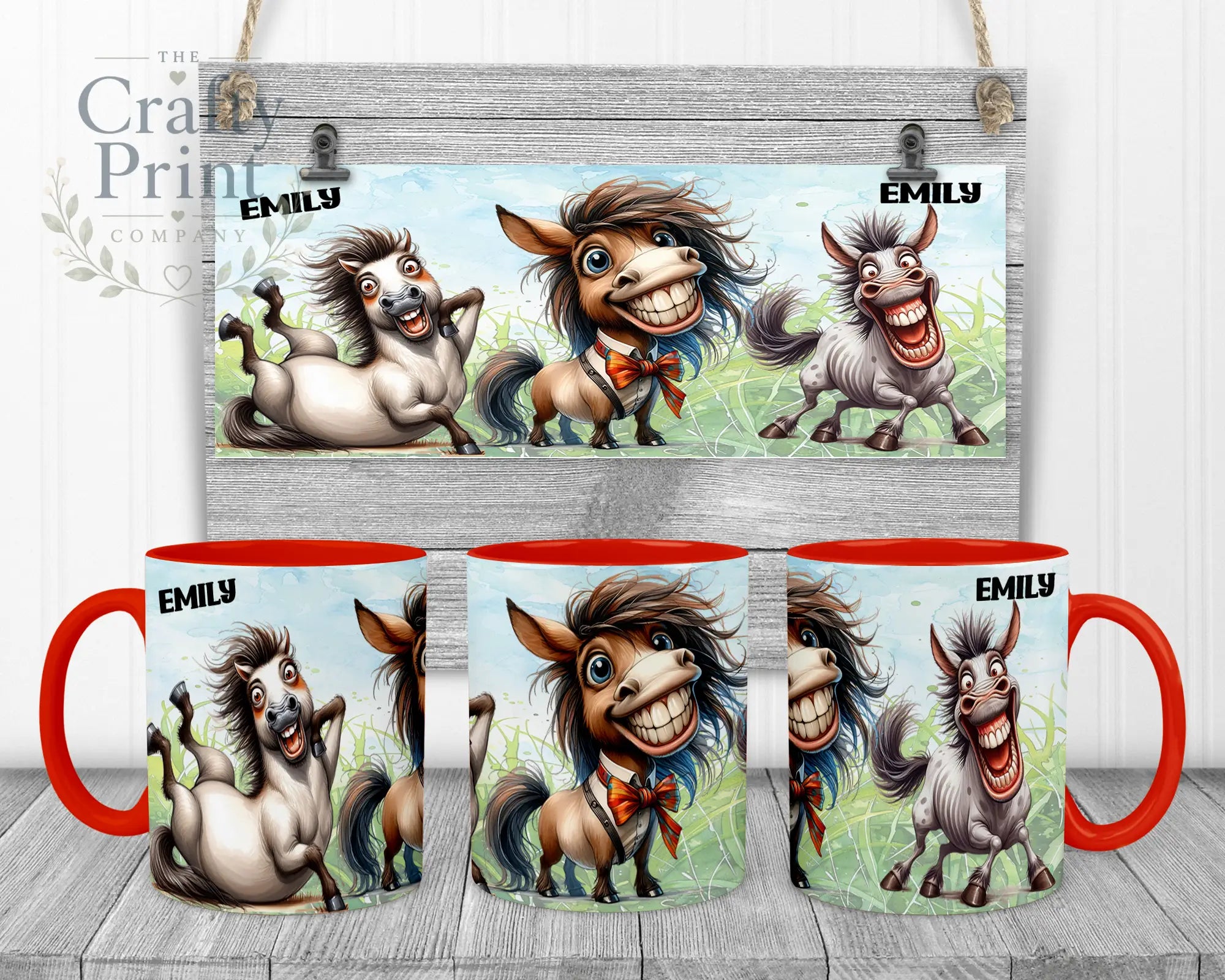 Horse Funny Faces Mug - Red Handle & Inner - Mugs