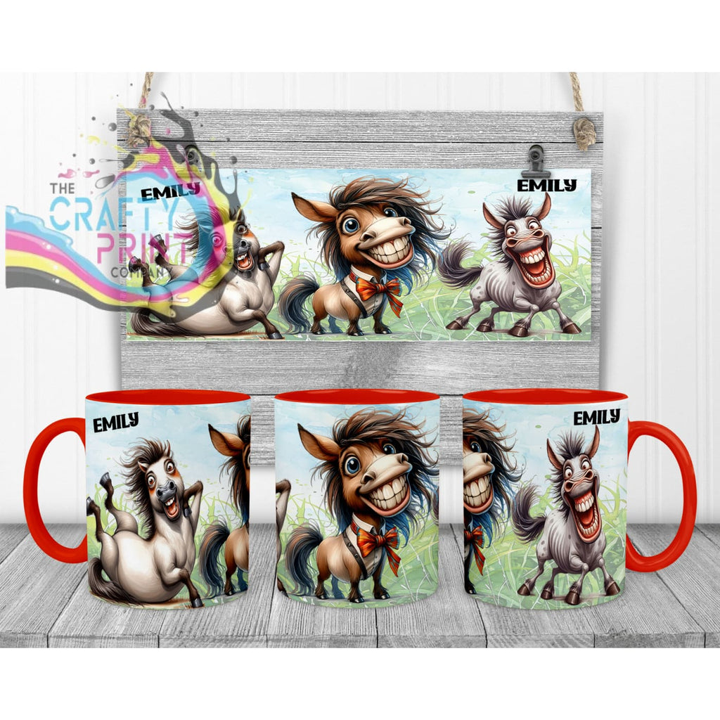 Horse Funny Faces Mug - Red Handle & Inner - Mugs