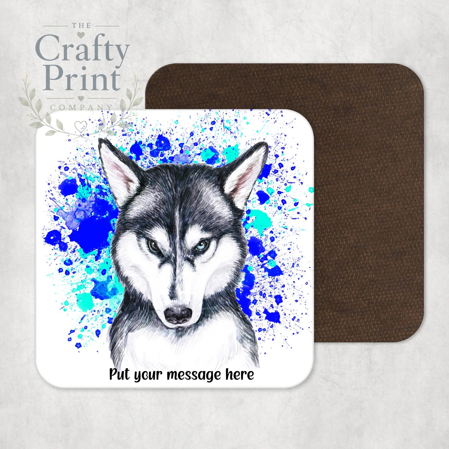 Husky Paint Splatter Personalised Coaster - Blue - Green