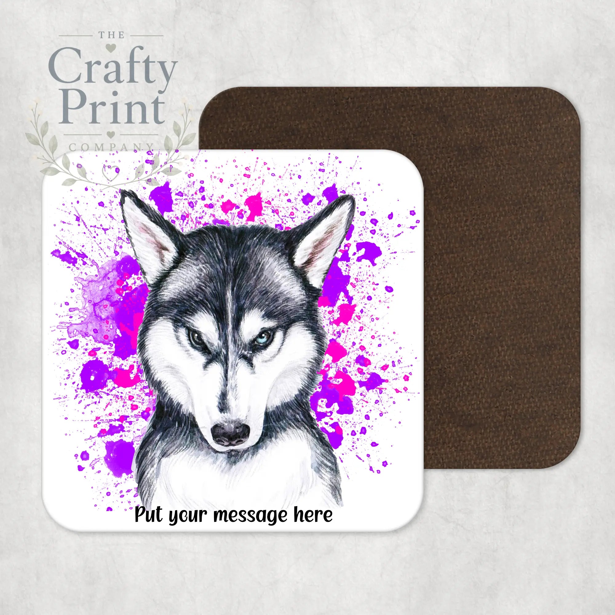 Husky Paint Splatter Personalised Coaster - Pink - Purple