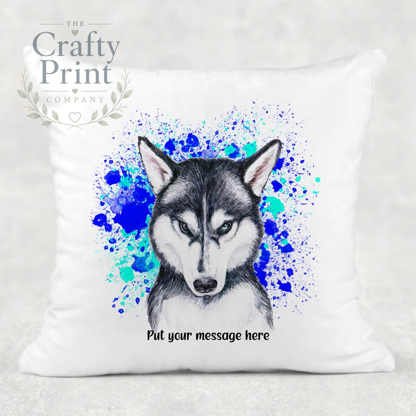 Husky Paint Splatter Personalised Cushion - Blue - Green
