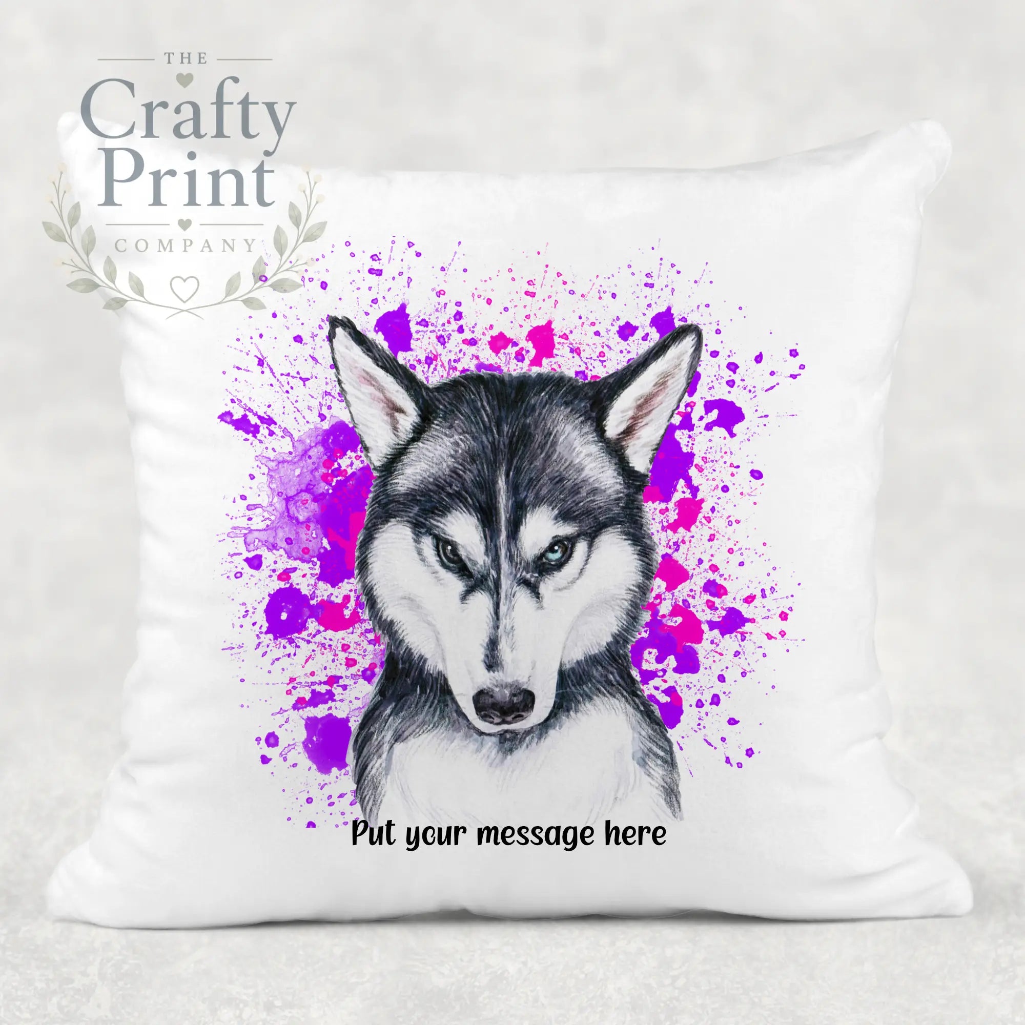 Husky Paint Splatter Personalised Cushion - Pink - Purple