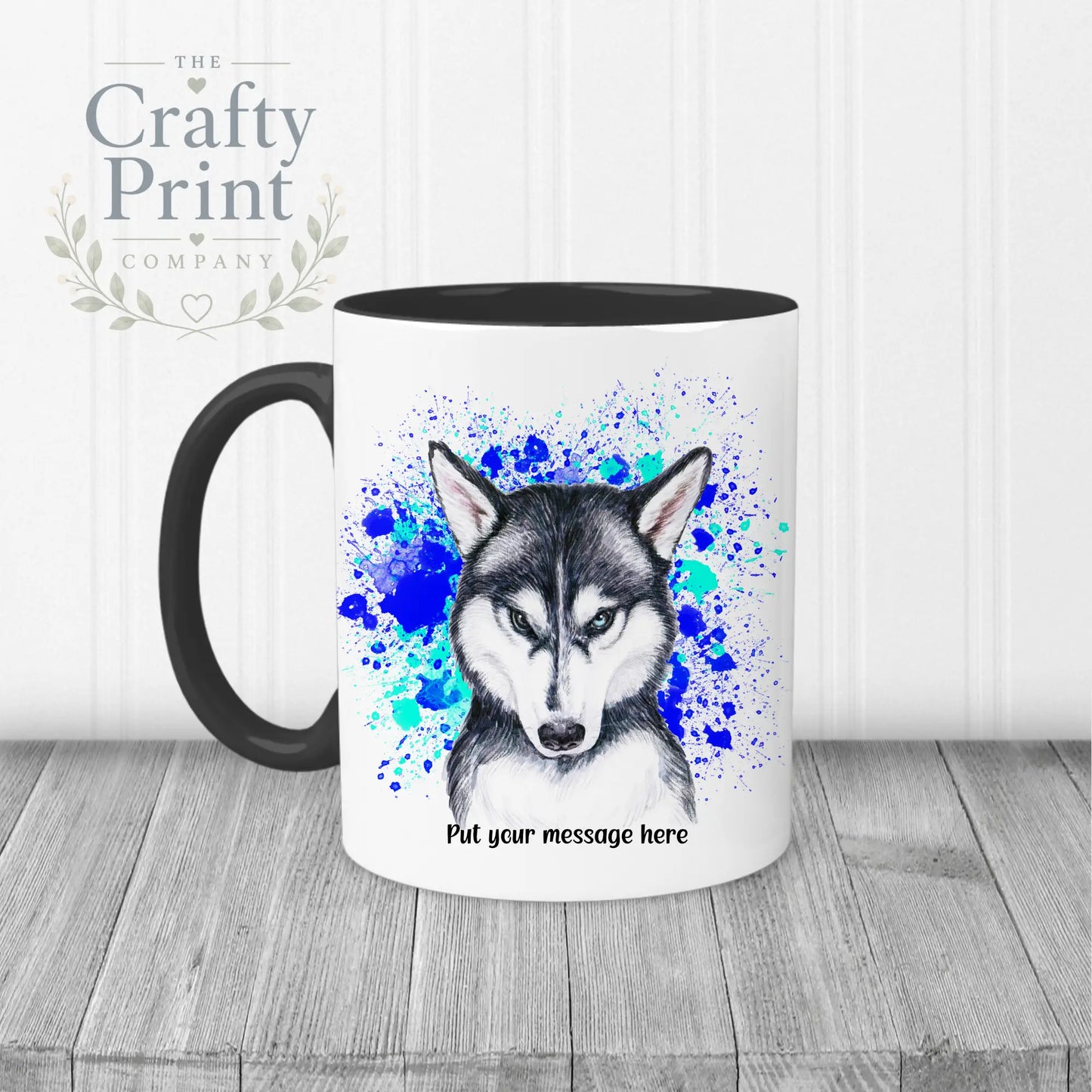 Husky Paint Splatter Personalised Mug - Black Handle &