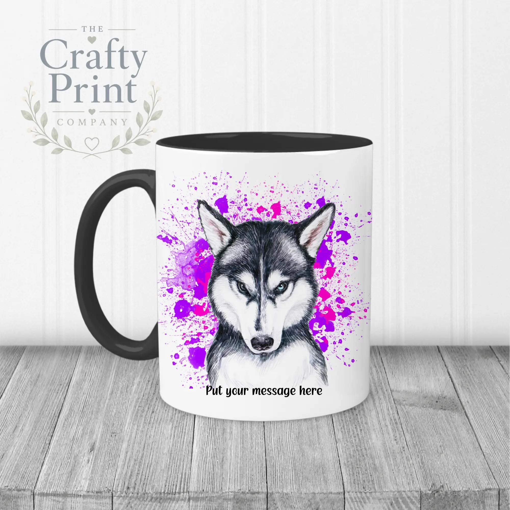 Husky Paint Splatter Personalised Mug - Black Handle &