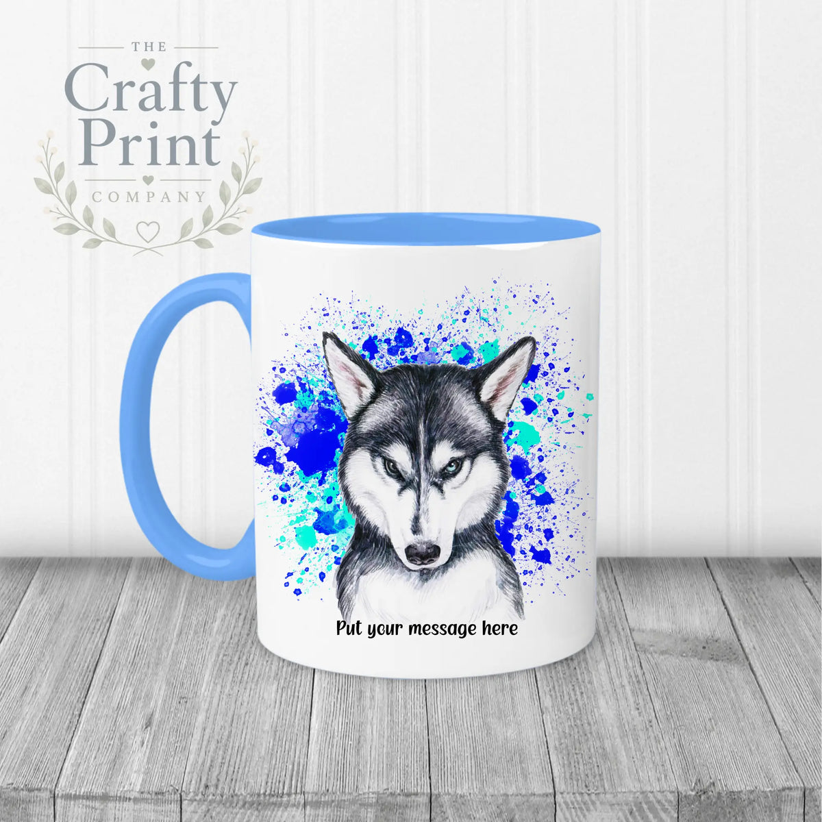 Husky Paint Splatter Personalised Mug - Blue Handle & Inner