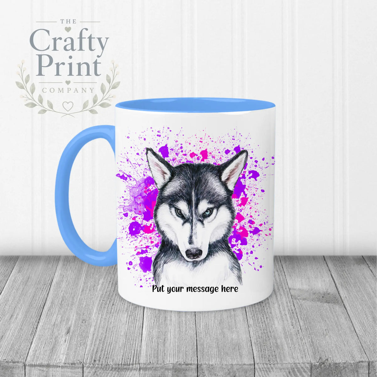 Husky Paint Splatter Personalised Mug - Blue Handle & Inner