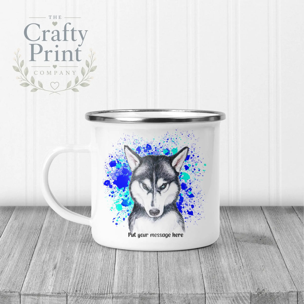 Husky Paint Splatter Personalised Mug - Enamel / Blue