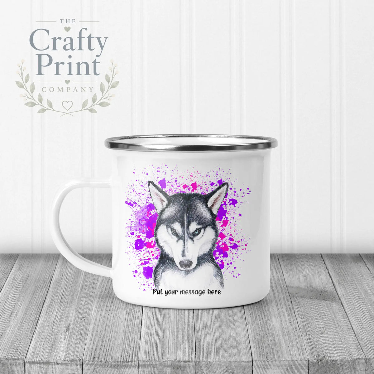 Husky Paint Splatter Personalised Mug - Enamel / Pink