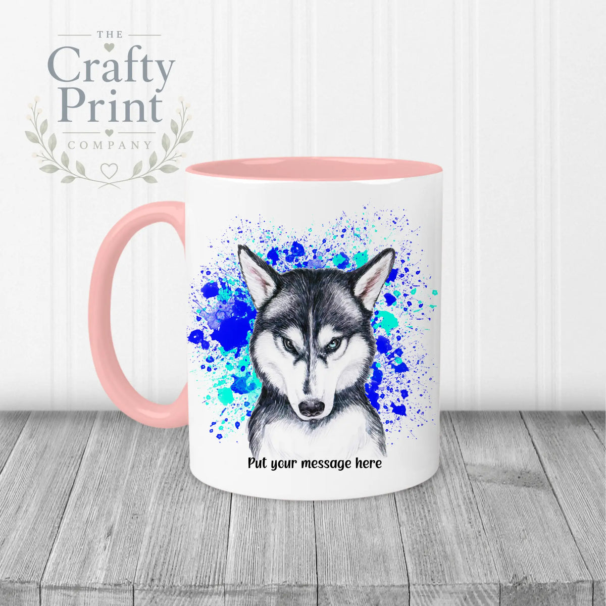 Husky Paint Splatter Personalised Mug - Pink Handle & Inner