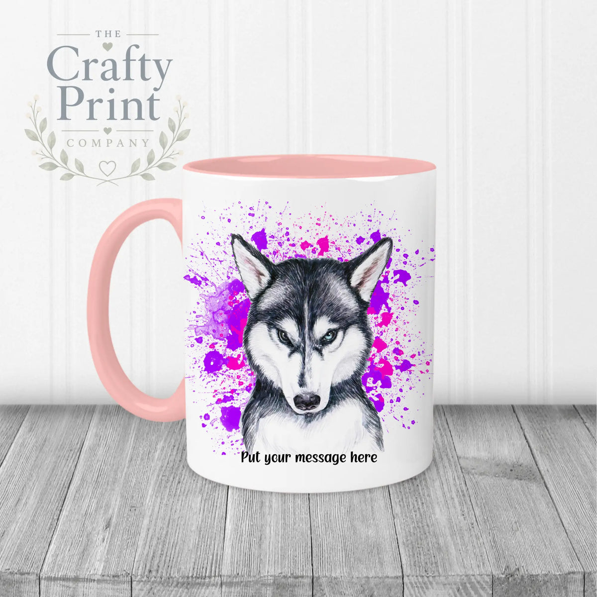 Husky Paint Splatter Personalised Mug - Pink Handle & Inner