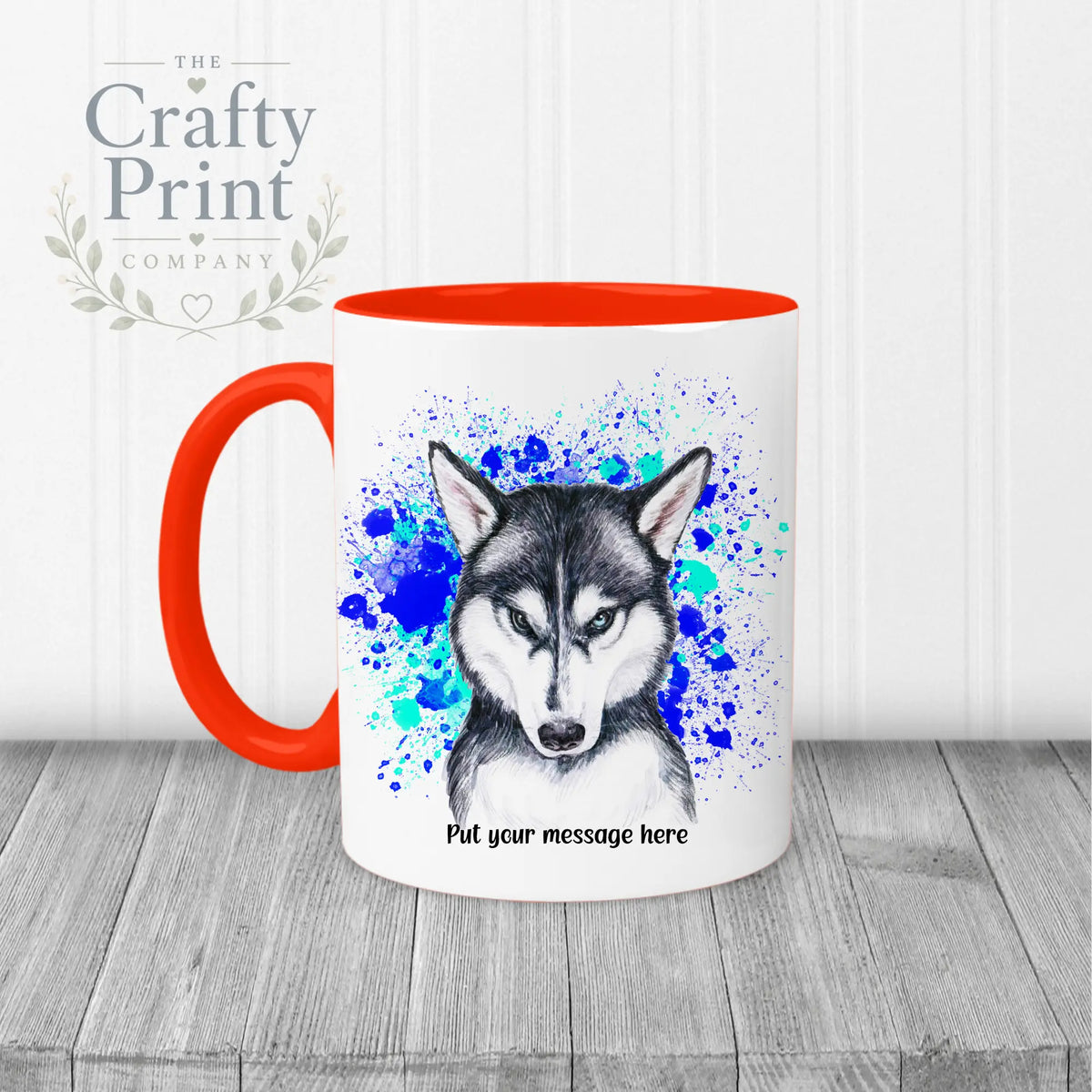 Husky Paint Splatter Personalised Mug - Red Handle & Inner