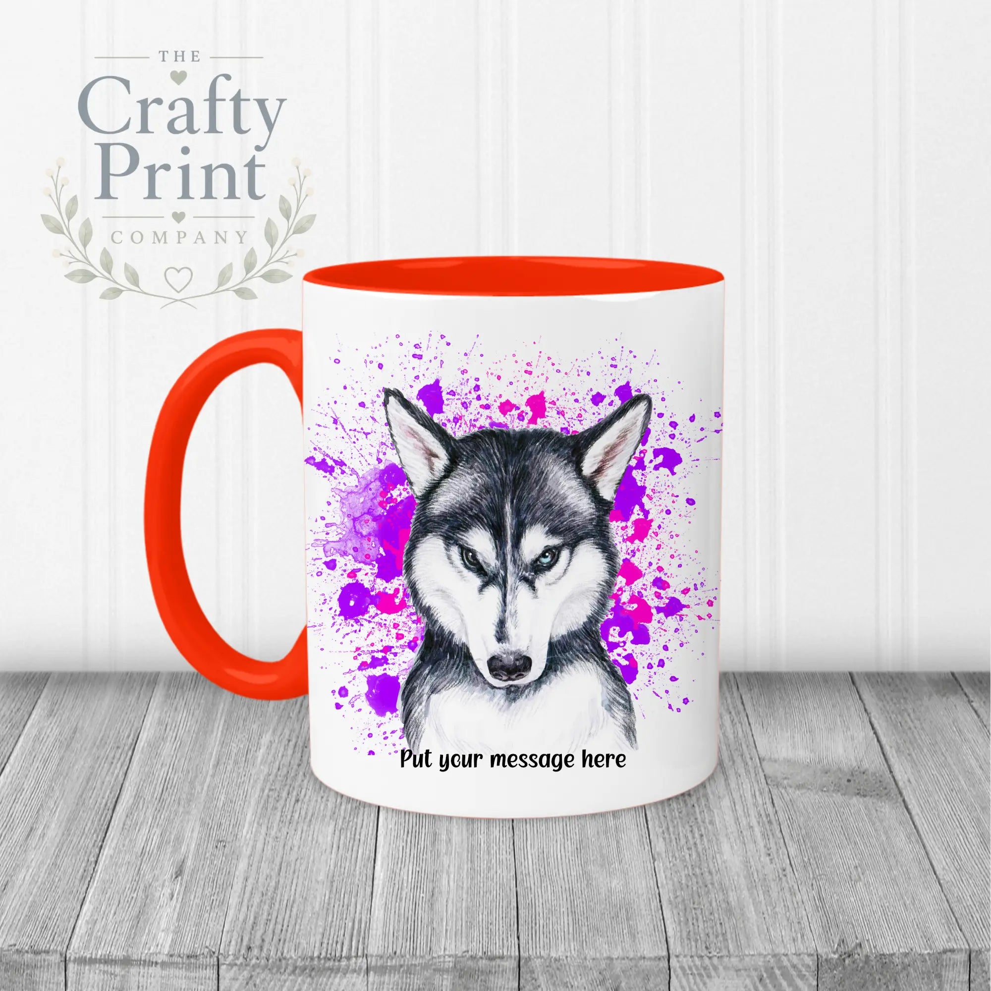 Husky Paint Splatter Personalised Mug - Red Handle & Inner