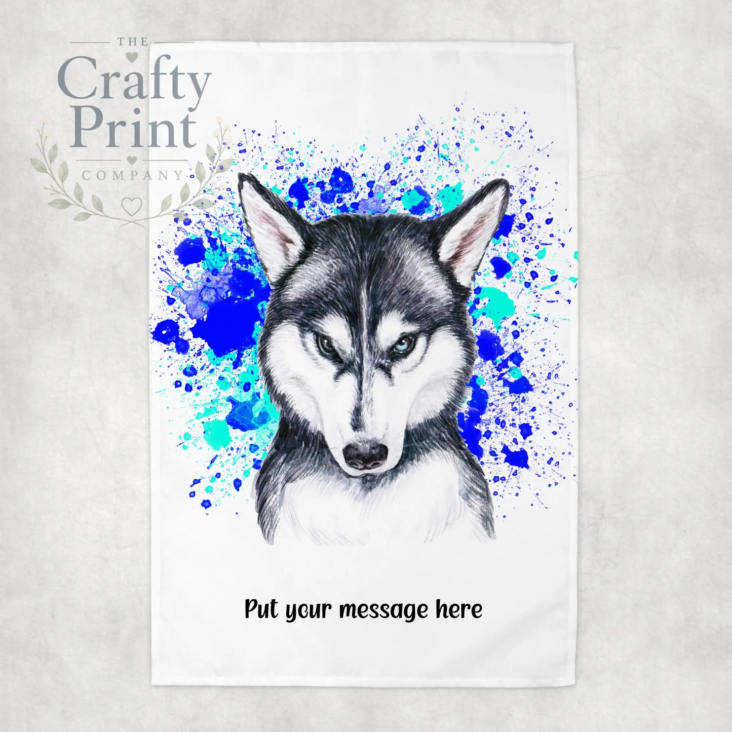 Husky Paint Splatter Personalised Tea Towel - Blue - Green
