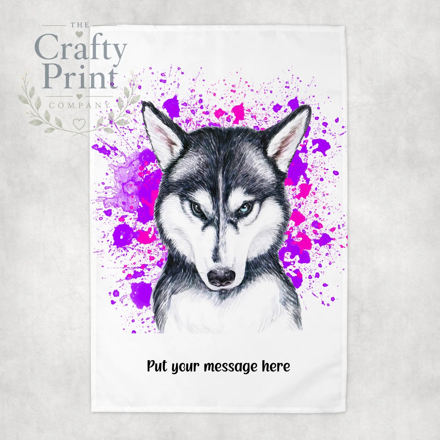 Husky Paint Splatter Personalised Tea Towel - Pink - Purple