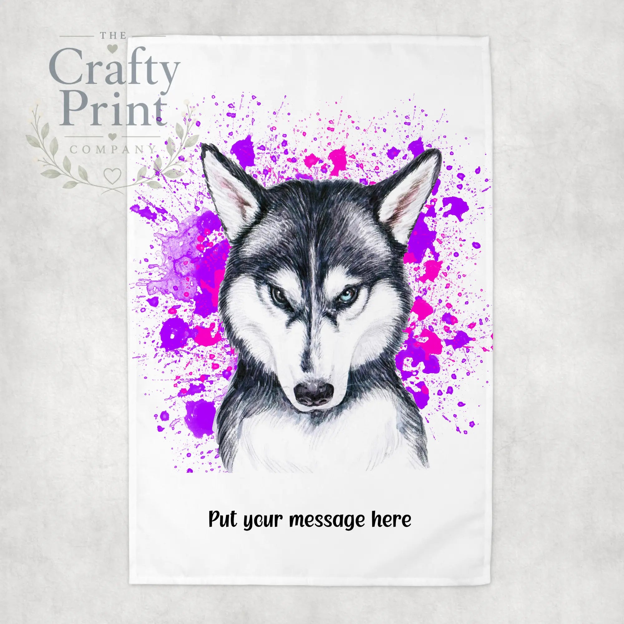 Husky Paint Splatter Personalised Tea Towel - Pink - Purple