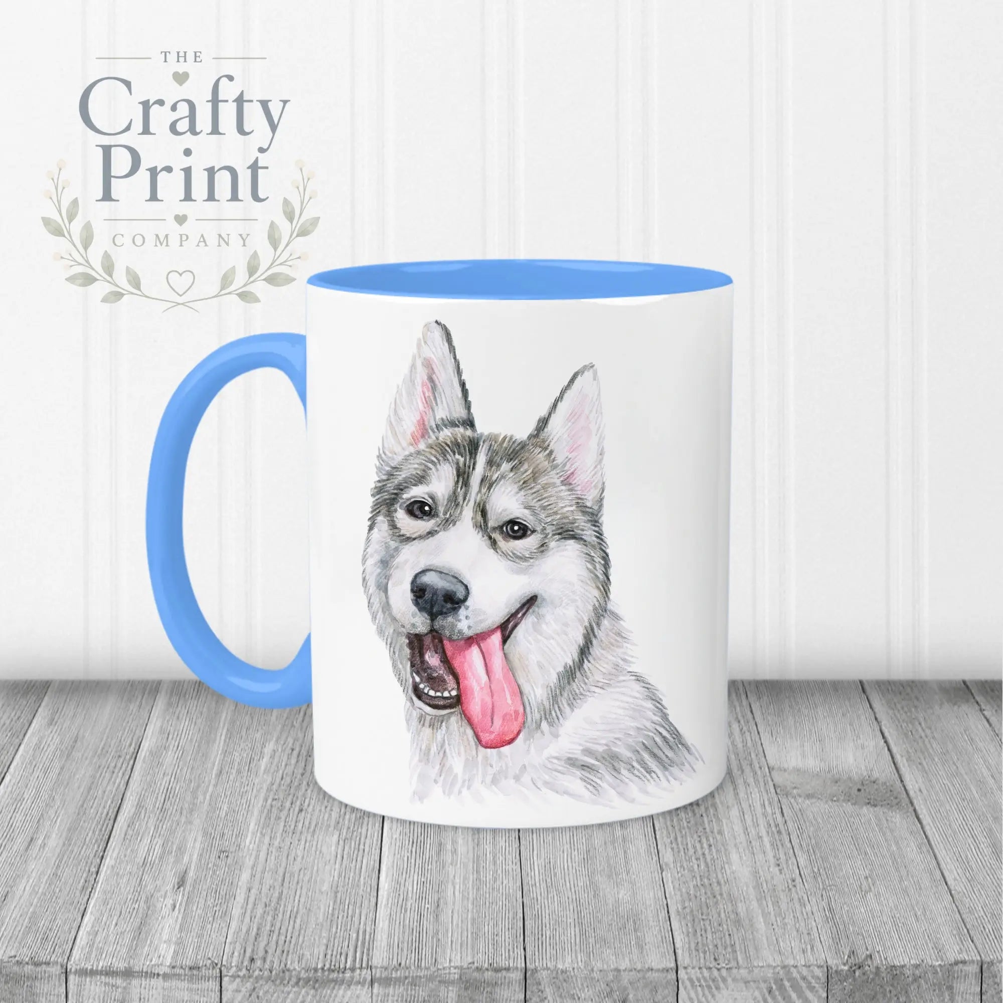 Husky Tongue Out Mug - Blue Handle & Inner - Mugs