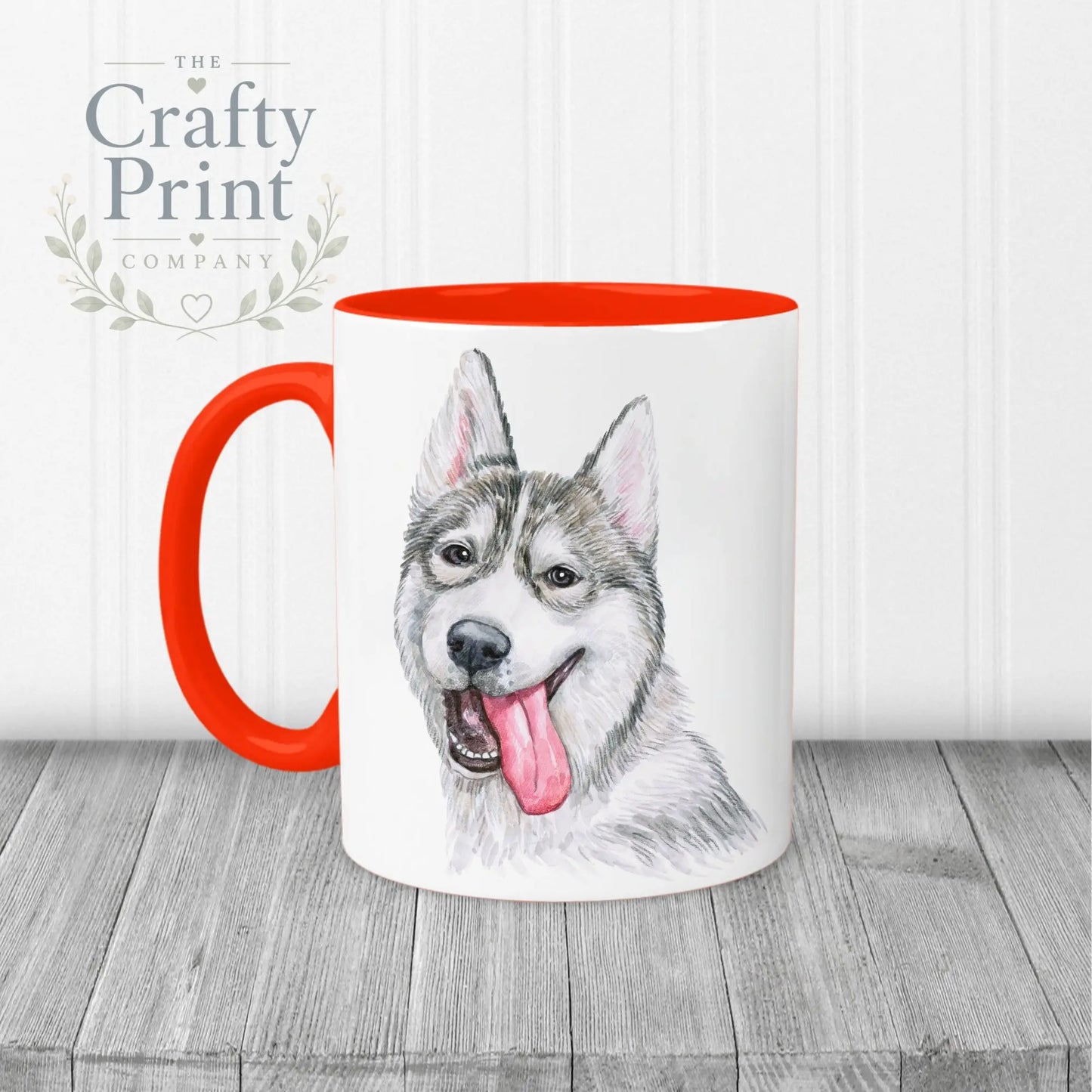 Husky Tongue Out Mug - Red Handle & Inner - Mugs