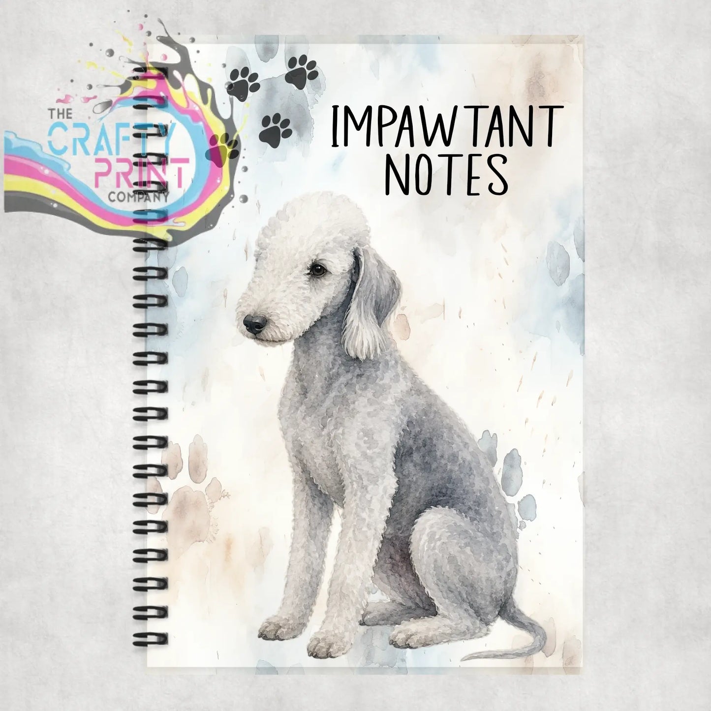 A5 spiral notebook with spiral binding featuring a silver-gray bedlington terrier illustration and impawtant notes bedlington text