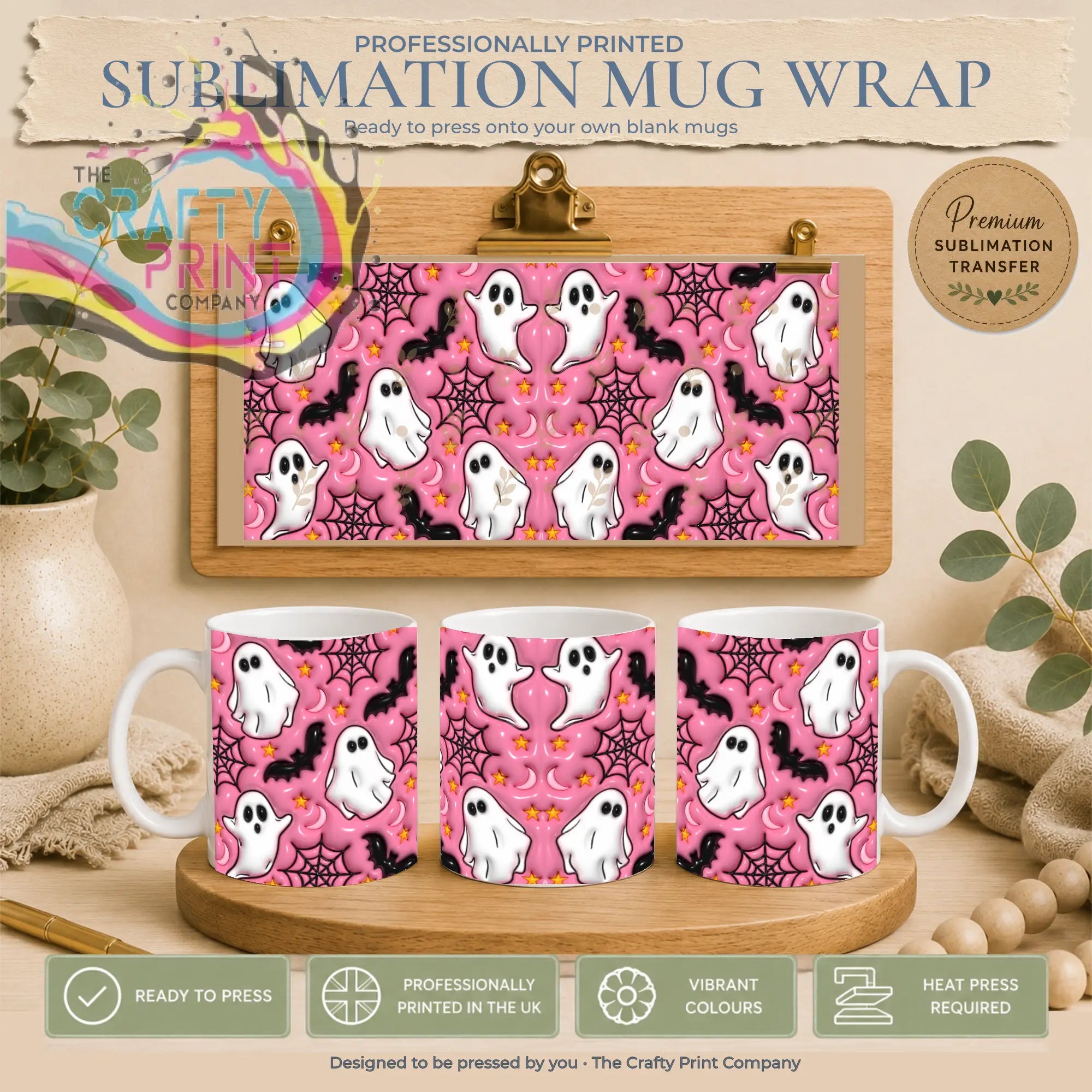 Inflated pink halloween sublimation mug wrap with white ghosts black bats and spiderwebs on a vibrant pink background