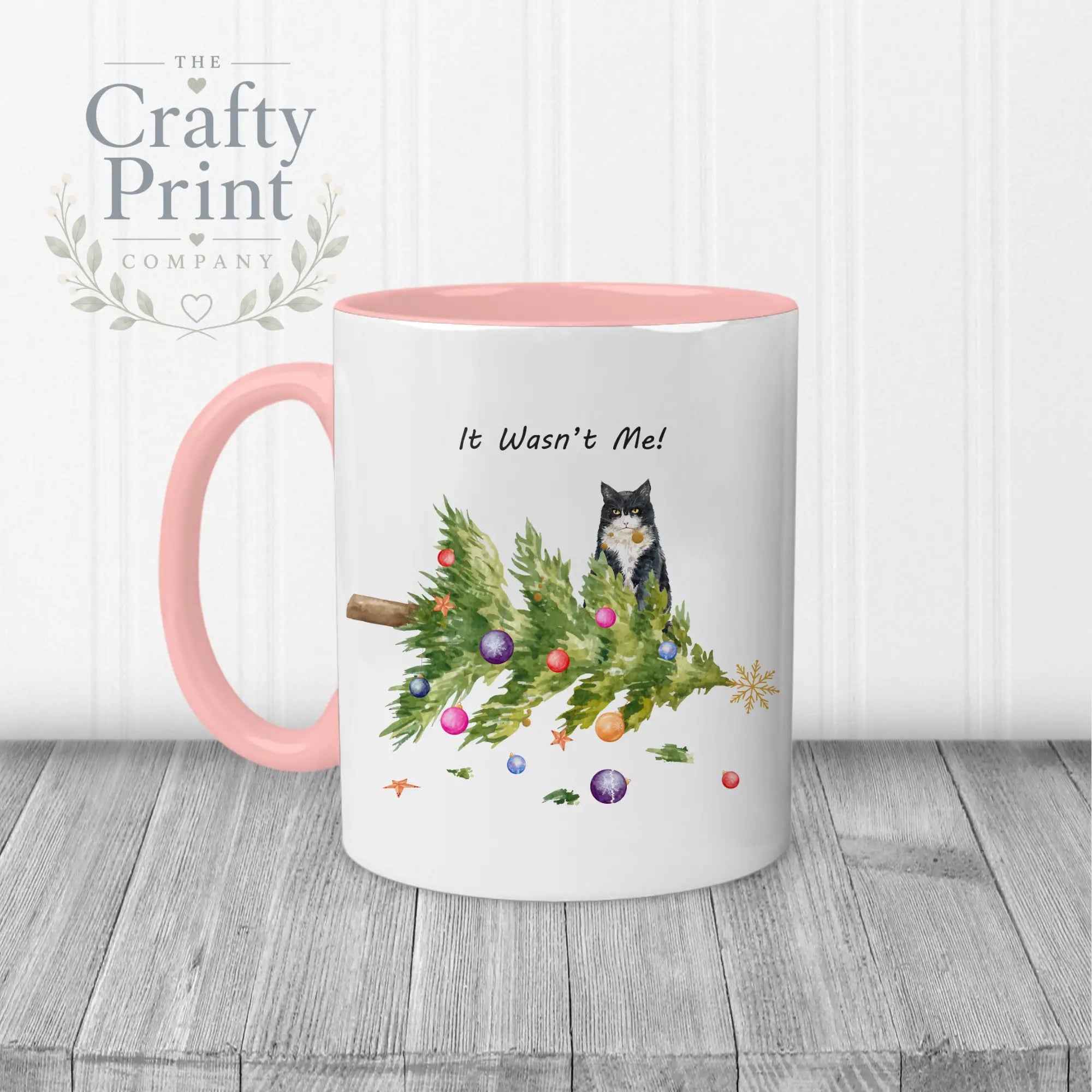 It wasn’t me Christmas Tree Cat Mug - Pink Handle & Inner