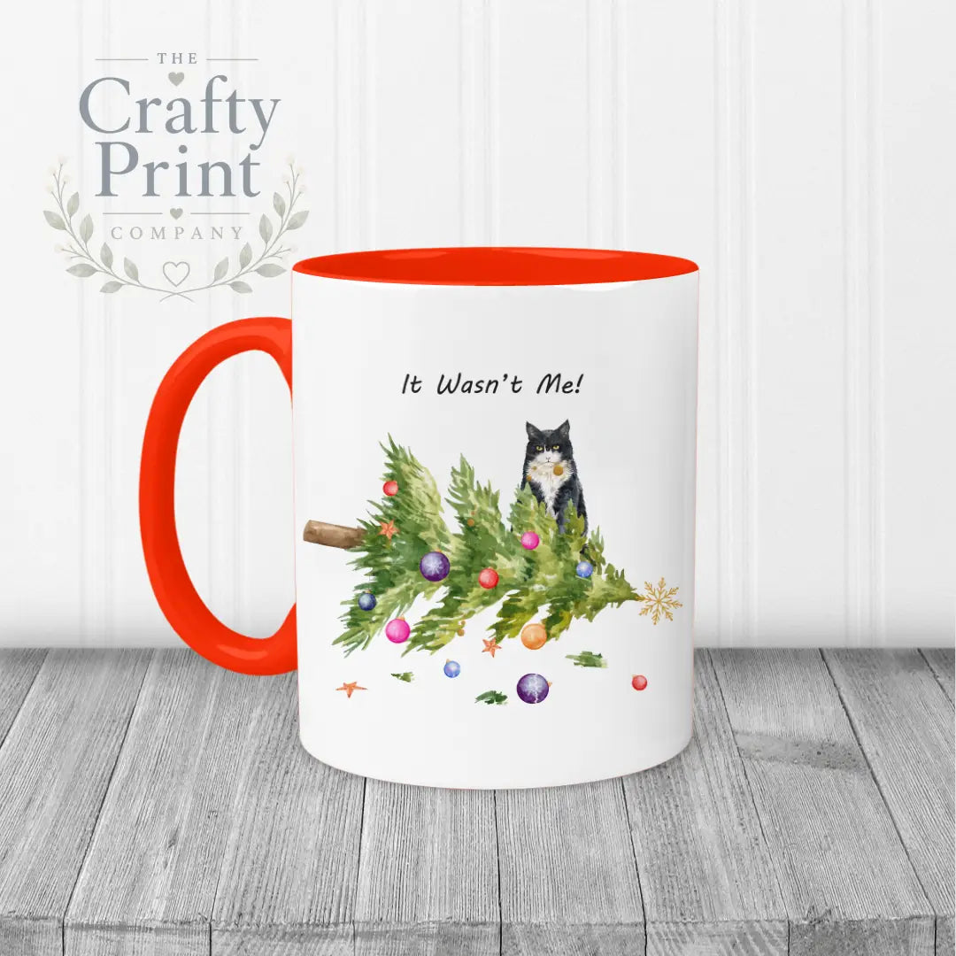 It wasn’t me Christmas Tree Cat Mug - Red Handle & Inner
