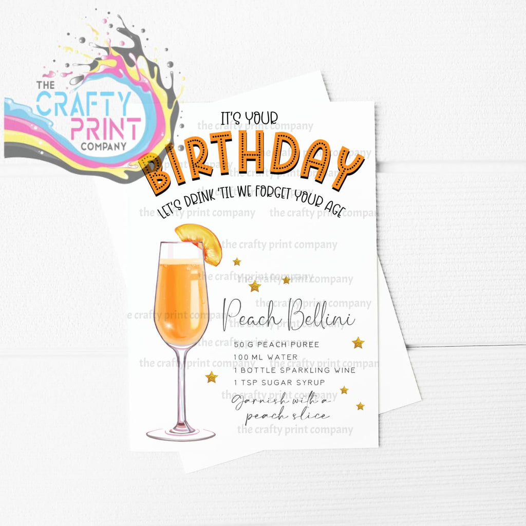 It’s Your Birthday Peach Bellini Cocktail Recipe A5 Card -