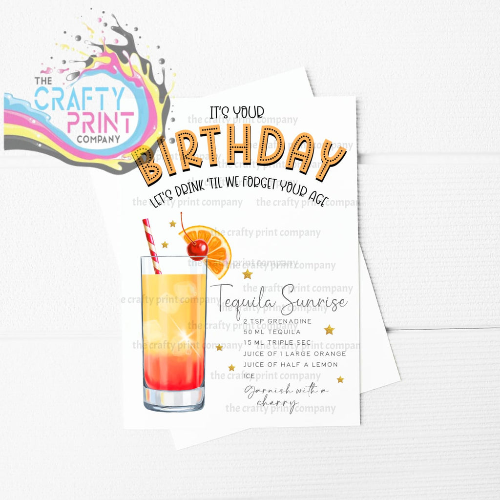 It’s Your Birthday Tequila Sunrise Cocktail Recipe A5 Card -