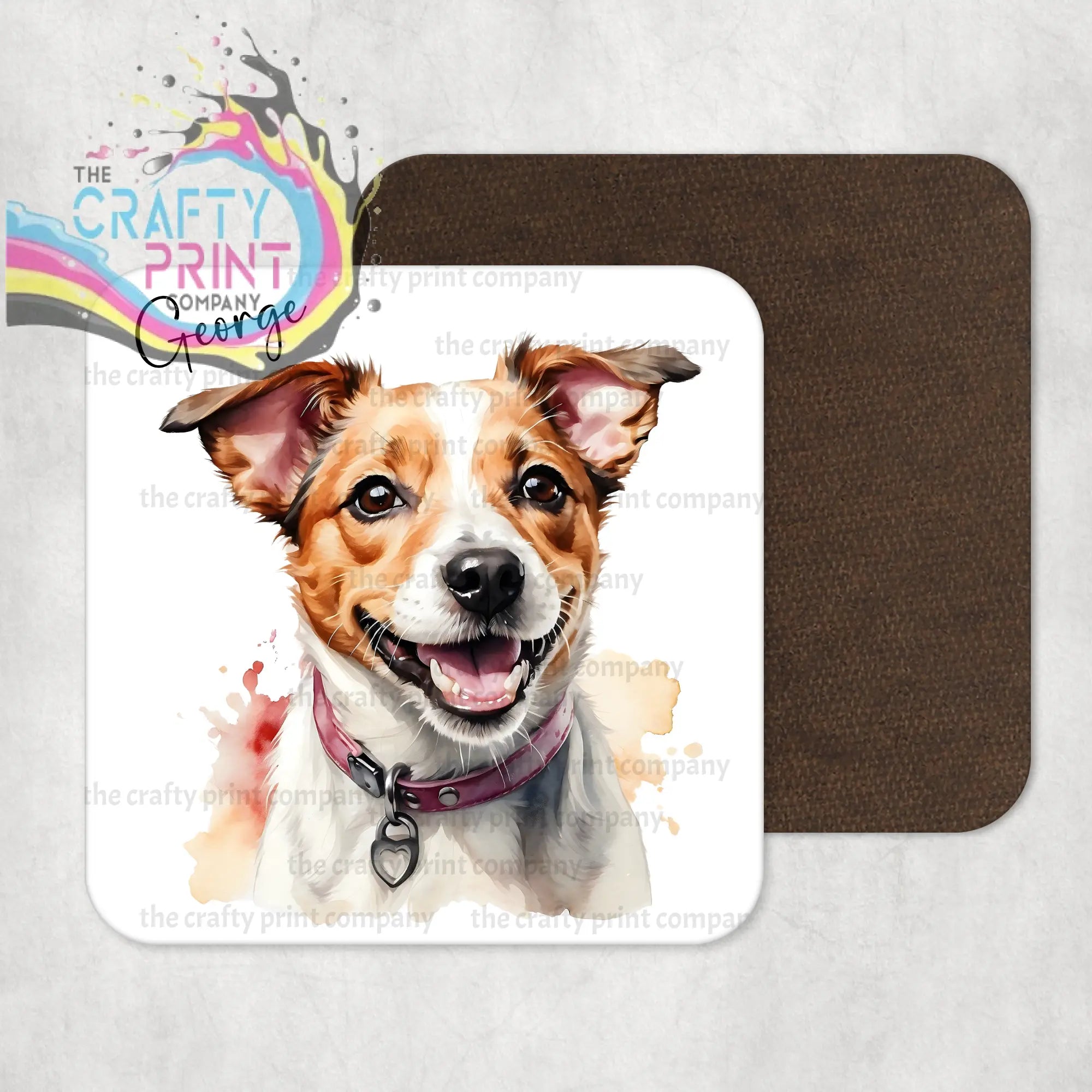 White square jack russell coaster with watercolor illustration of smiling terrier george wearing pink collar and heart tag