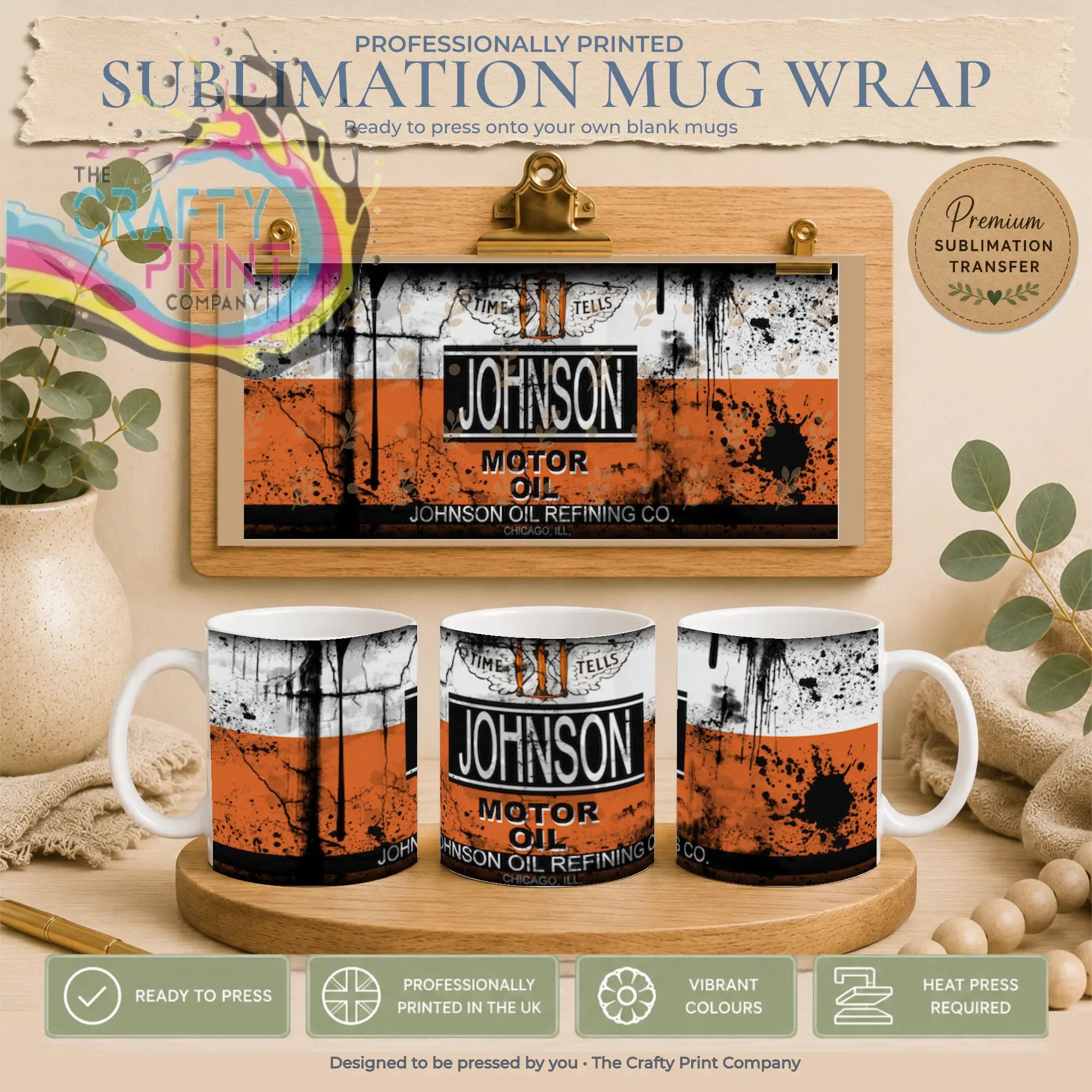 Orange and black distressed johnson motor oil sublimation mug wrap design for ready to press mug wrap uk