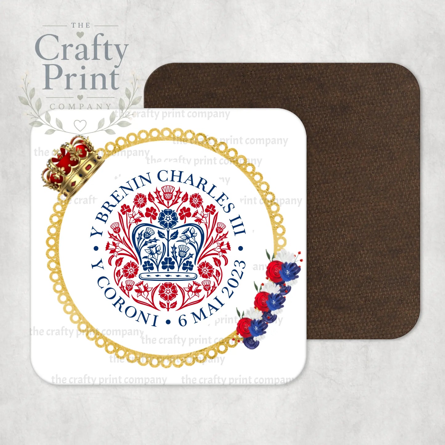 King Charles III Coronation Logo Crown Flowers Coaster