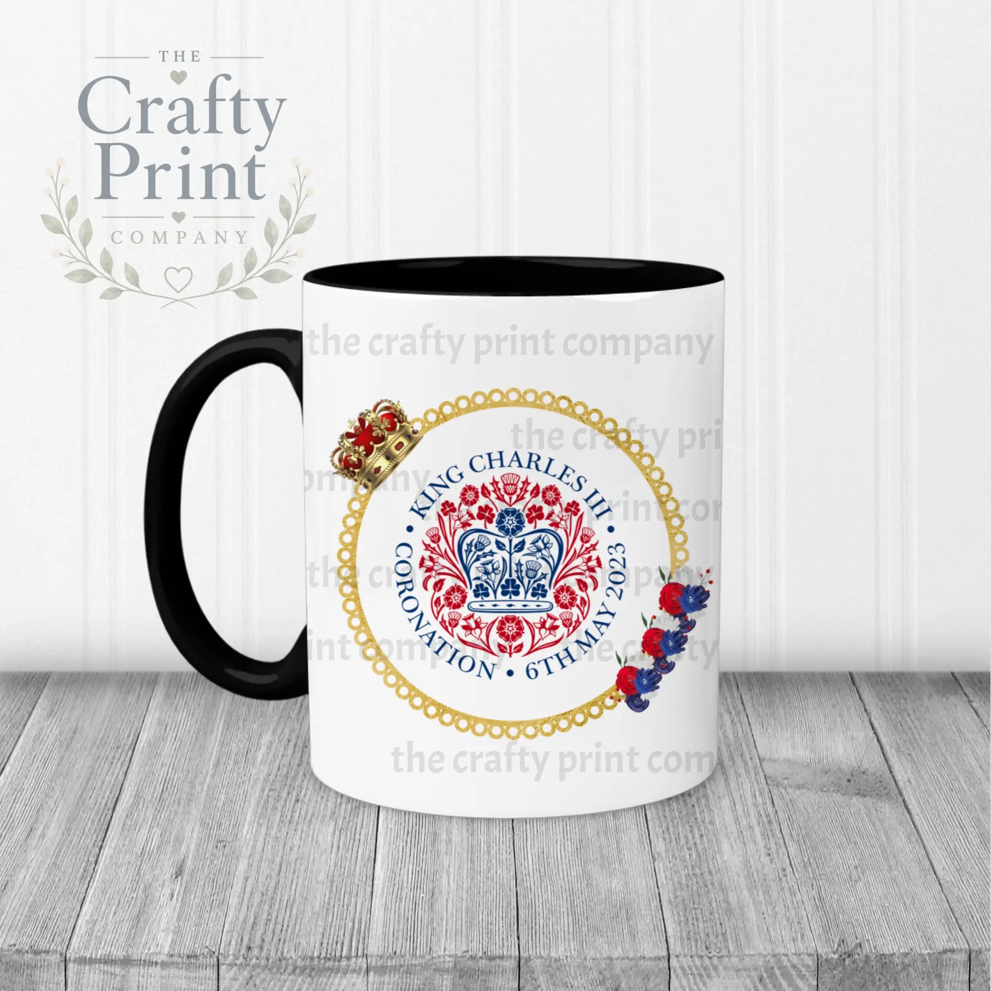 King Charles III Coronation Logo Crown Flowers Mug - Black