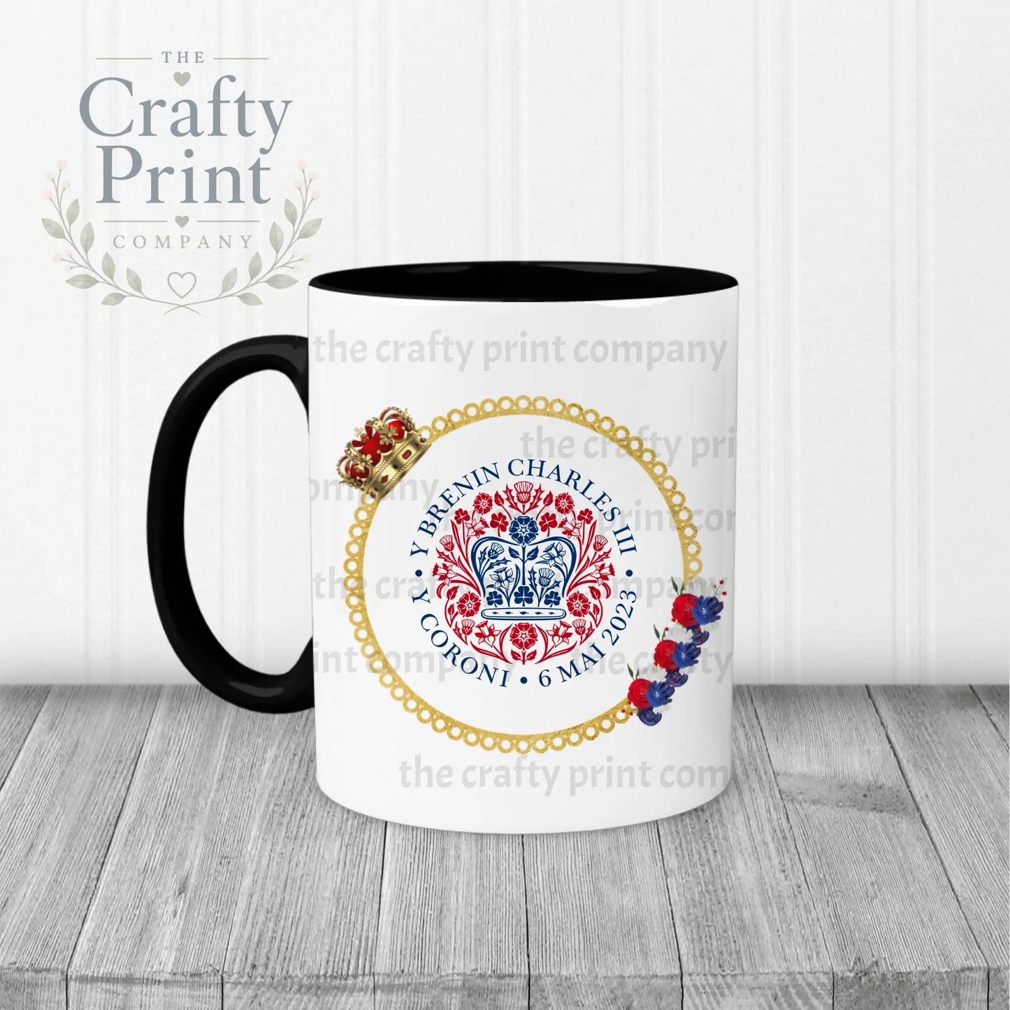 King Charles III Coronation Logo Crown Flowers Mug - Black