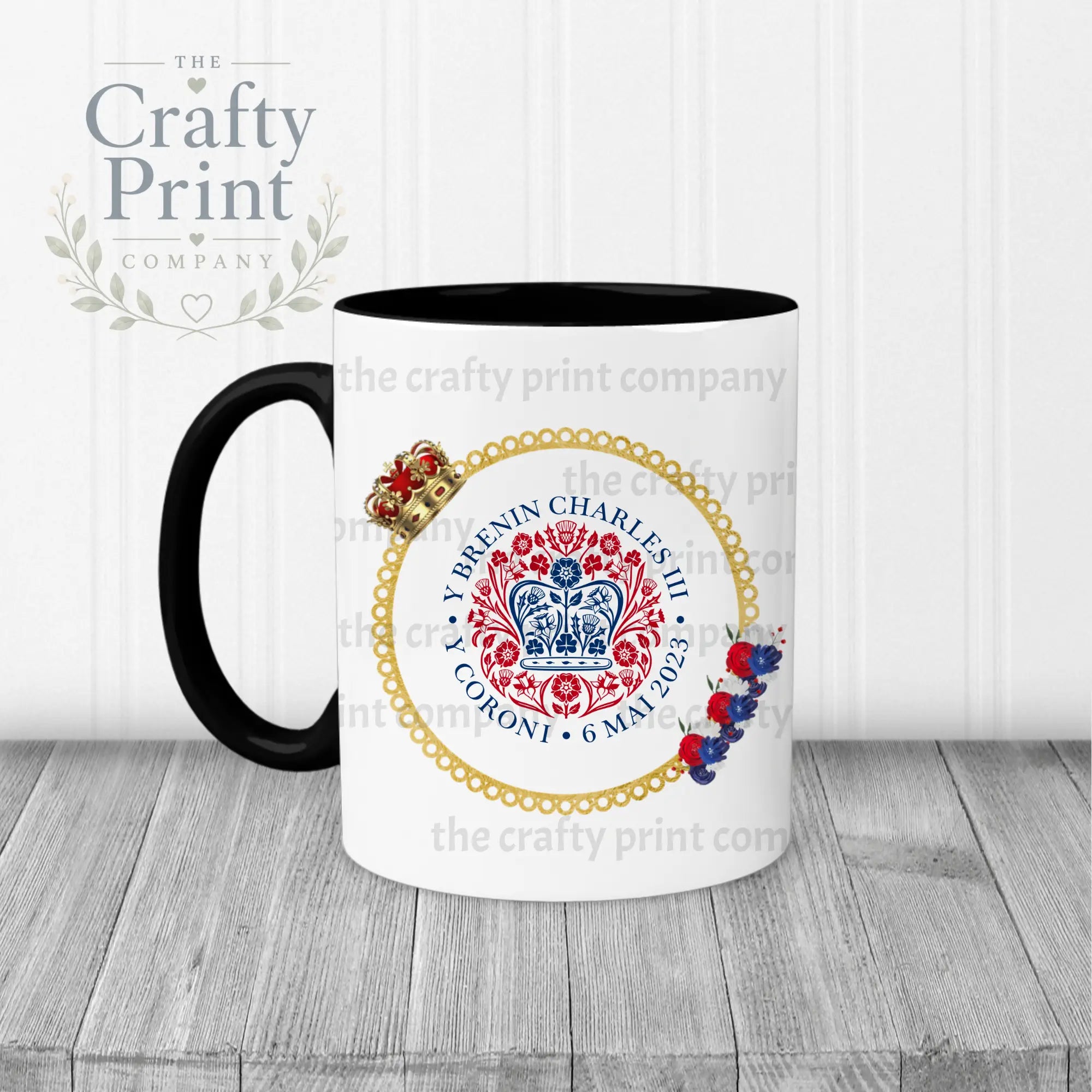 King Charles III Coronation Logo Crown Flowers Mug - Black
