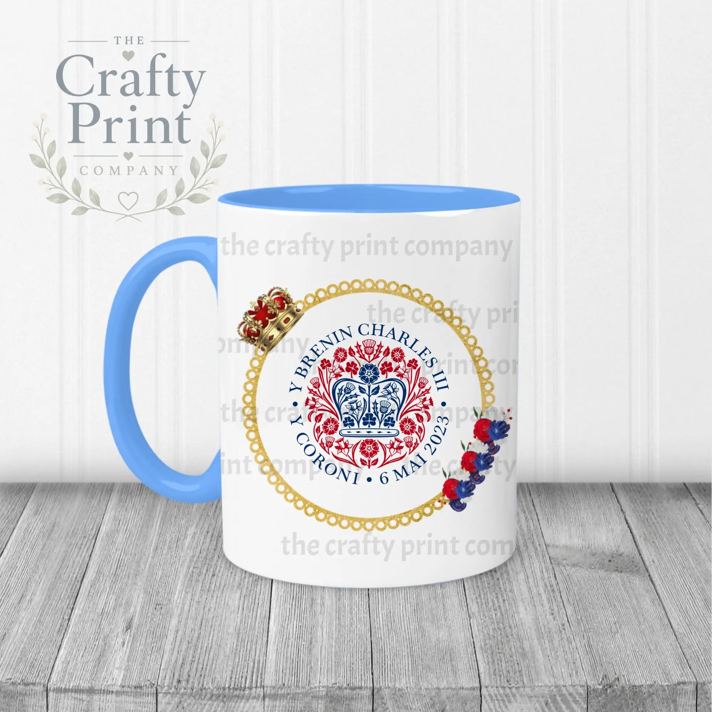 King Charles III Coronation Logo Crown Flowers Mug - Blue