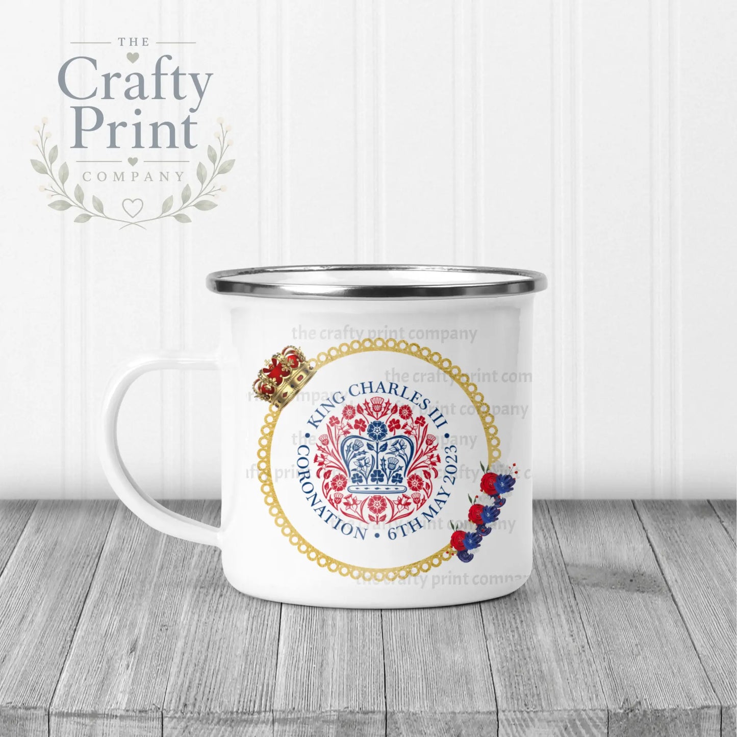 King Charles III Coronation Logo Crown Flowers Mug - Enamel