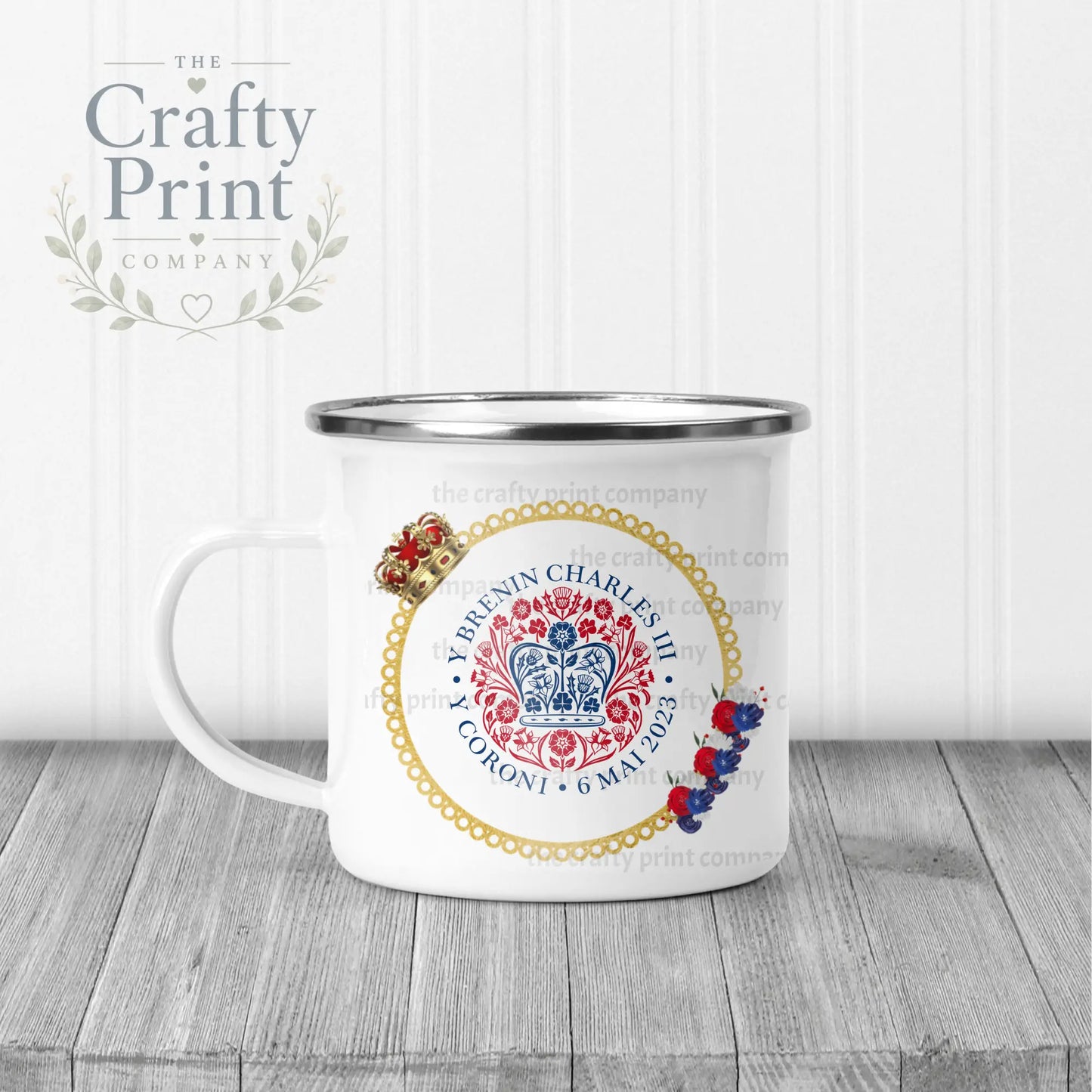 King Charles III Coronation Logo Crown Flowers Mug - Enamel