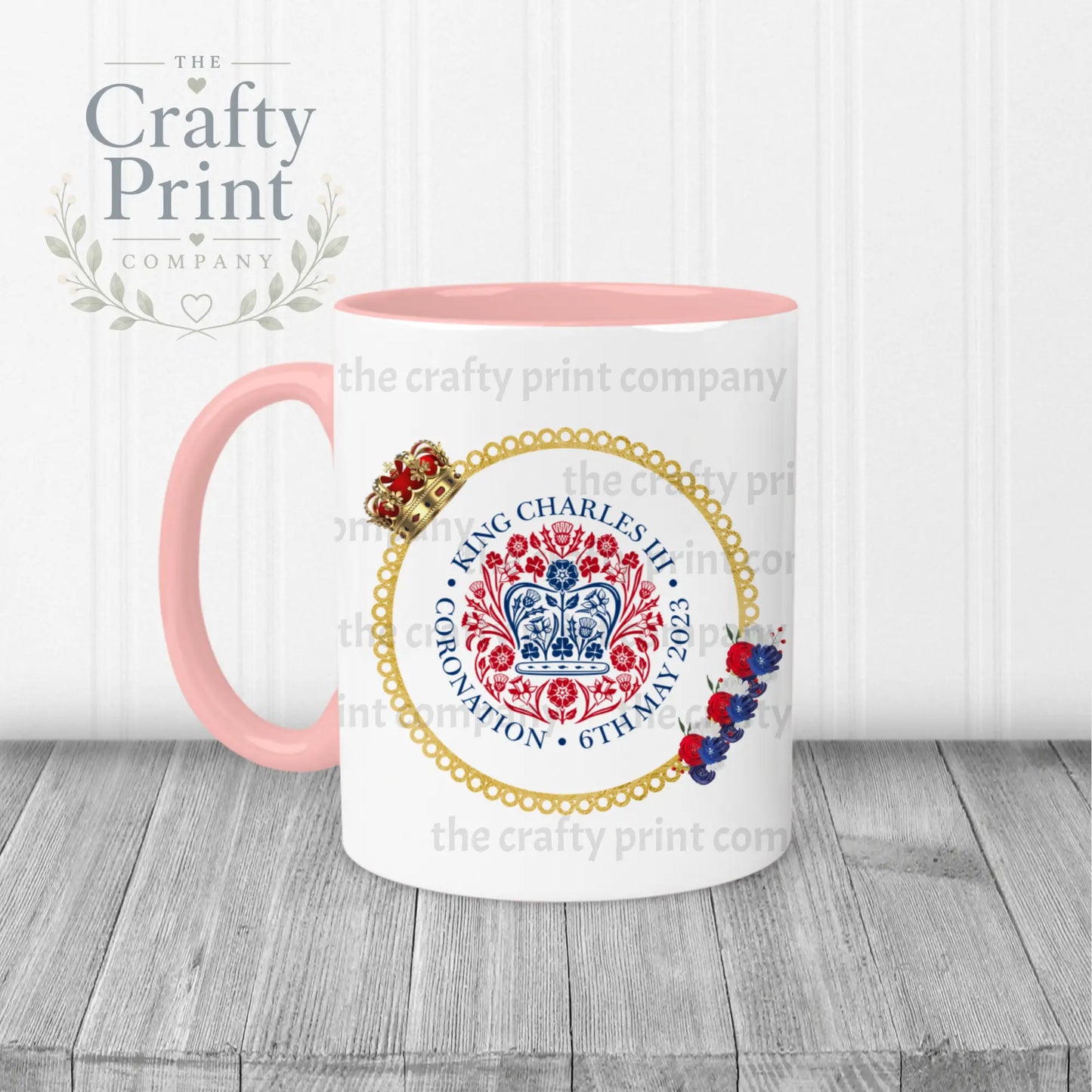 King Charles III Coronation Logo Crown Flowers Mug - Pink