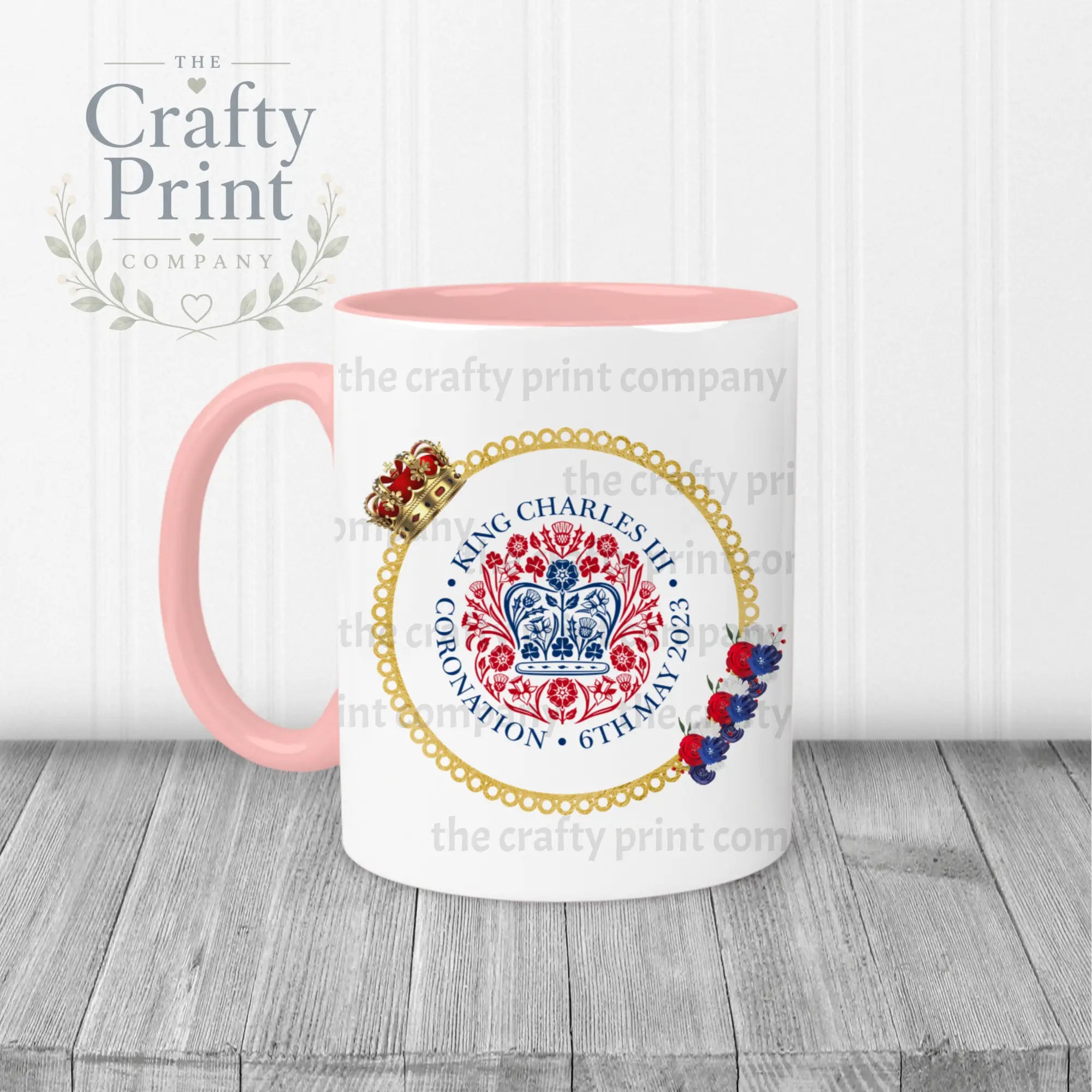 King Charles III Coronation Logo Crown Flowers Mug - Pink